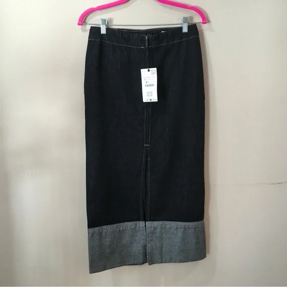 Zara Denim Slit Midi Skirt Dark Blue Zip Hi Waist Women’s Small 9632/271 Y2K 90s - Picture 5 of 10